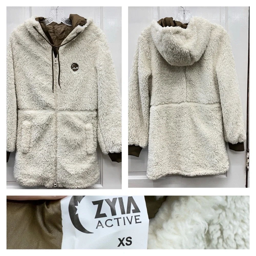 Zyia Active long hair fleece lined hooded teddy jacket coat women's xs
